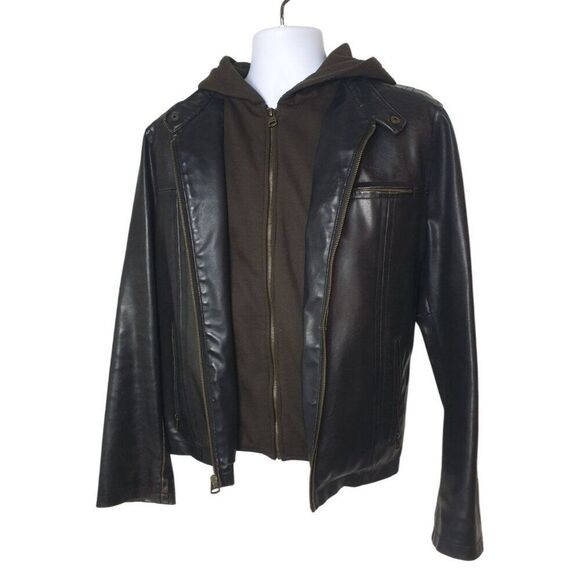 VTG Levi's Men's Faux Leather Jacket L With Brown Hoodie Quilted Lining Zip LG - Picture 1 of 6